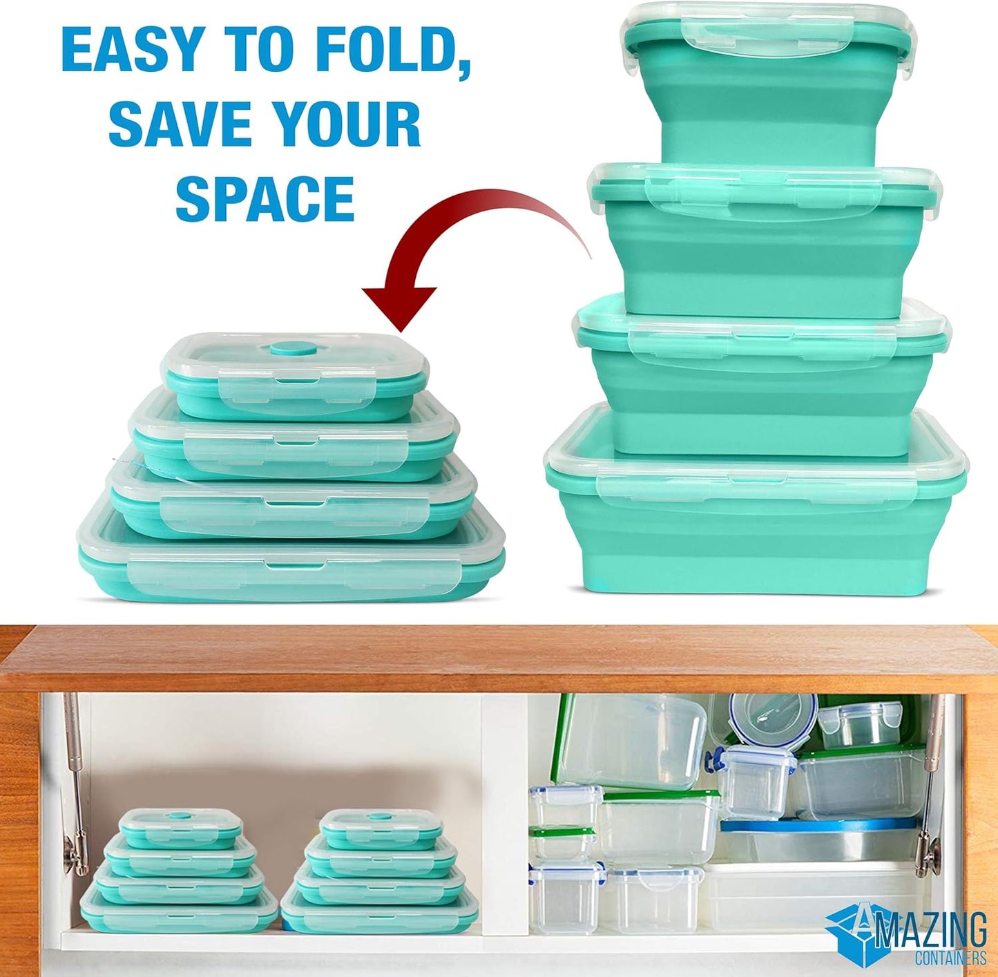 AMAZING CONTAINERS™ Collapsible Silicone Food Storage Container Set of 4 with Lids | Stackable | Microwaveable | Freezer, Dishwasher Safe| BPA Free