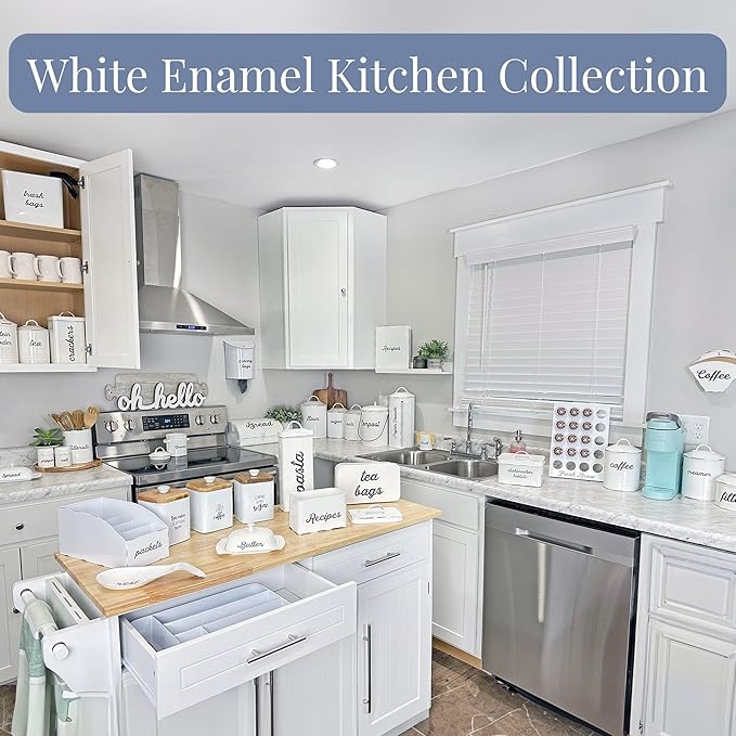 AuldHome Design Enamelware White Creamer Canister; Rustic Distressed Style Coffee Accessory Storage for Kitchen