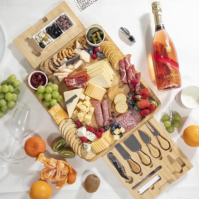 Bamboo Cheese Board and Knife Set with Wine Accessories – Large Charcuterie Board Gift Set with Bowls, Slate Labels & Utensils, Perfect for Christmas, Wedding, Housewarming & Entertaining