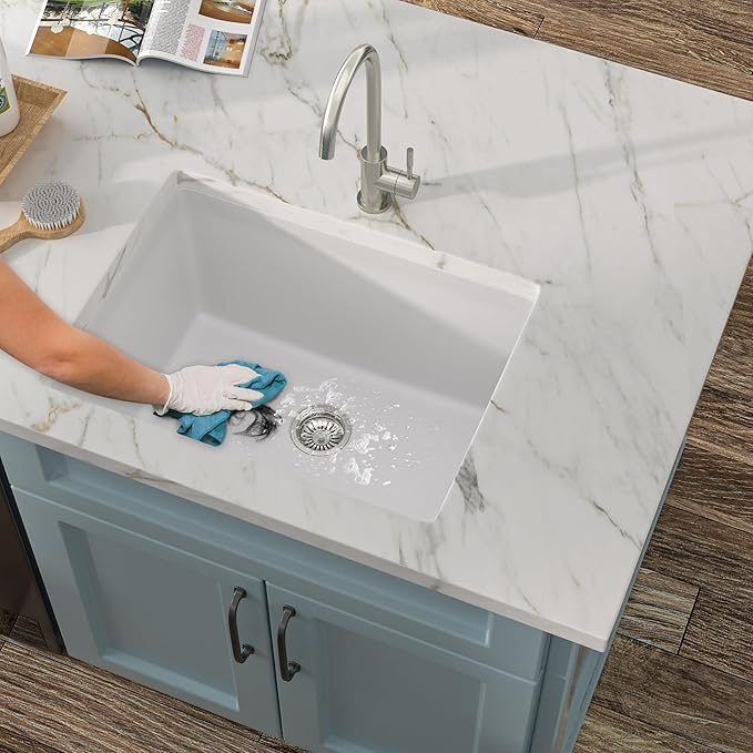 24 Undermount Laundry Sink - Fulorni 24"x18" Laundry Room Utility Sink White Granite Composite Quartz Classic 12 Inch Deep Single Bowl Under Counter Basin