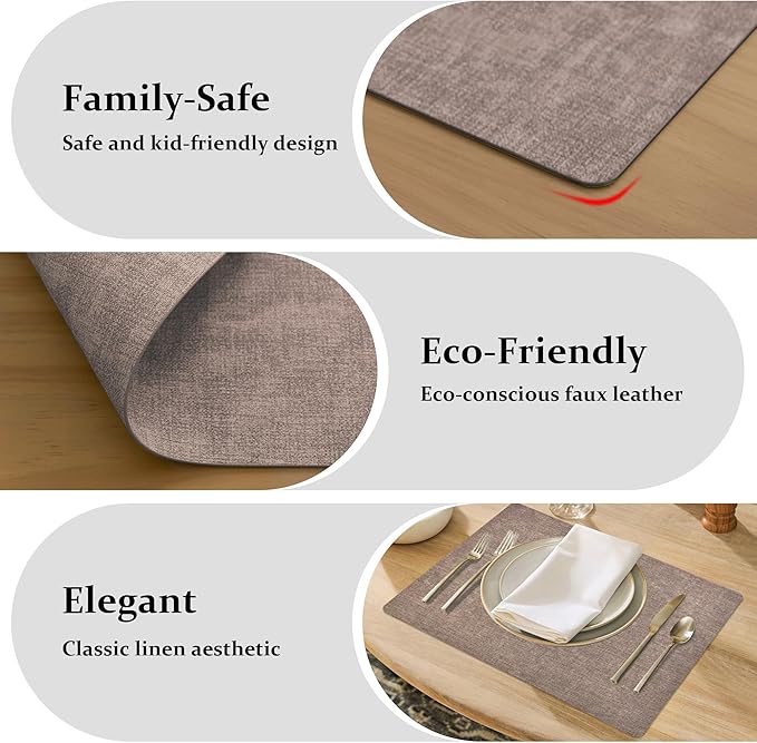 FROMHEART Faux Leather Placemats Set of 8–Waterproof,Heat/Oil Stain-Resistant PU Table Mat–Reversible,Non-Slip,Easy to Clean Place Mats for Kitchen,Dining,Indoor/Outdoor,(Dark Coffee,11.8" x 17")