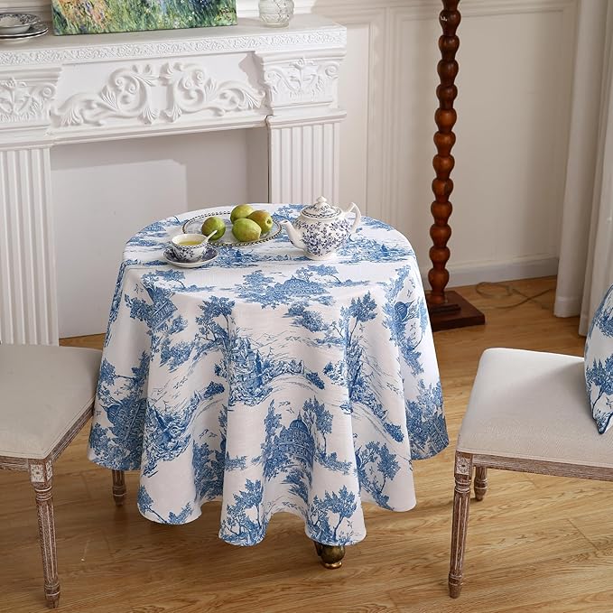 patdrea Designer Cyan Tablecloth for Round Tables,Vintage Linen with Ancient Castle and Manor Pattern Tablecloths,Elegant Table Cover Cloth Decor for Kitchen Dining Christmas,55"*55"