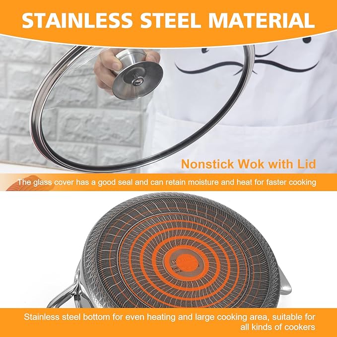 Stainless Steel 7QT Saute Pan 14 Inch Deep Frying Pan with Lid Nonstick,Hybird Induction Cooking Pan,PFOA Free Cookware,Large Skillets