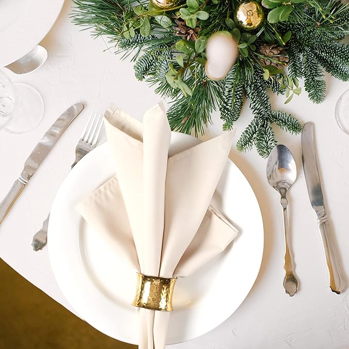 Ramanta Home Set of 12 Polyester Cloth Napkins 18x18 Inches - Washable Dinner Napkins with Hemmed Edges for Weddings, Thanksgiving, Hotel - Soft Durable Table Linen for Parties or Everyday Use - Beige