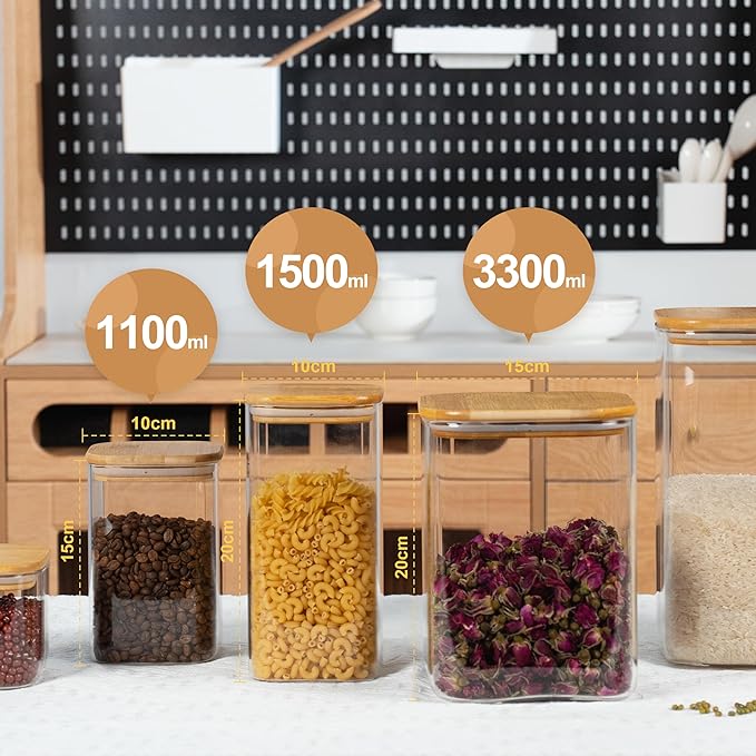 122oz Airtight Glass Square Storage Canister with Bamboo Lid Set of 1 (3600ml) Gallon Glass Jars Large Kitchen Canister for Sugar, Flour, Cookies and Coffee beans (with Black Lable)