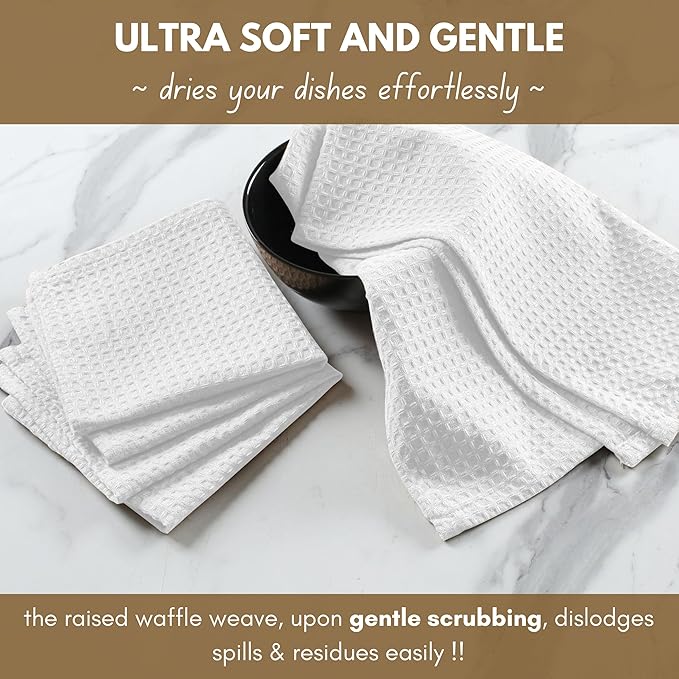 Native Fab Waffle 18 Pack Dish Cloths - 100% Cotton, Absorbent, Quick Drying, Washable Towels for Cleaning, Cooking & Baking - Great for Home, Restaurants, Cafes, Bars, Everyday Use, 12"x12", White