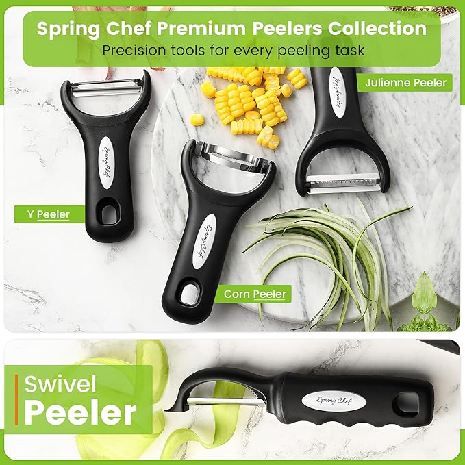 Spring Chef Swivel & Vegetable Julienne Peeler Set for Kitchen with Stainless Steel Sharp Blades - Potato Peelers with Soft Grip Handles & Blade Covers - Perfect for Carrot, Zucchini, Cucumber - Black