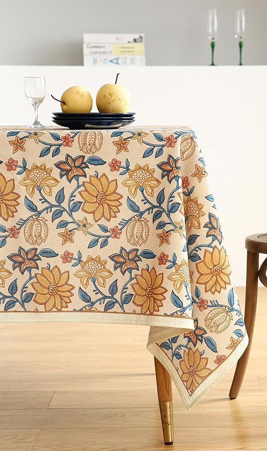 French Tablecloth for Rectangle Tables,Linen Table Cloth with Yellow Flowers Pattern,Heavy Durable Table Cover for Dining Thanksgiving Kitchen Decor Party Christmas,55"*71"