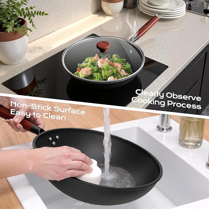 Carbon Steel Wok 13-Inch Wok Pan with Glass Cover Silicone Spatula, Non-Stick Surface Woks & Stir-Fry Pans Pre-Seasoned Chinese Wok Pan for Induction, Electric, Gas Stoves Cooking
