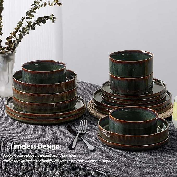 LIANYU Dinnerware Sets with Pasta Bowls, 16 Piece Plates and Bowls Set for 4, Ribbed Stoneware Dishes Set for Kitchen Dining, Microwave and Dishwasher Safe, Jungle Green