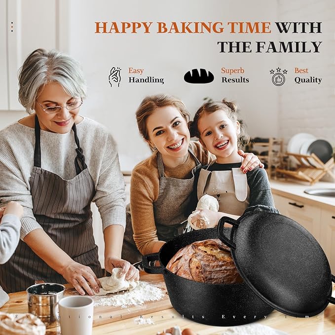 Cast Iron Dutch Oven for Bread Baking, 5QT Cast Iron Bread Pan with Lid, Sourdough Baking Supplies Tools like Banneton Proofing Basket, Bread Dutch Oven
