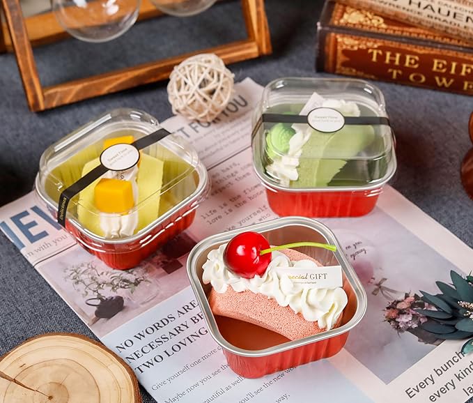 60 Pack Mini Cake Pans with Lids Mini Aluminum Pans, Disposable Loaf Pans Cupcake Liners with Lids for Pudding, Souffle, Party, Wedding(Red, 5 oz)