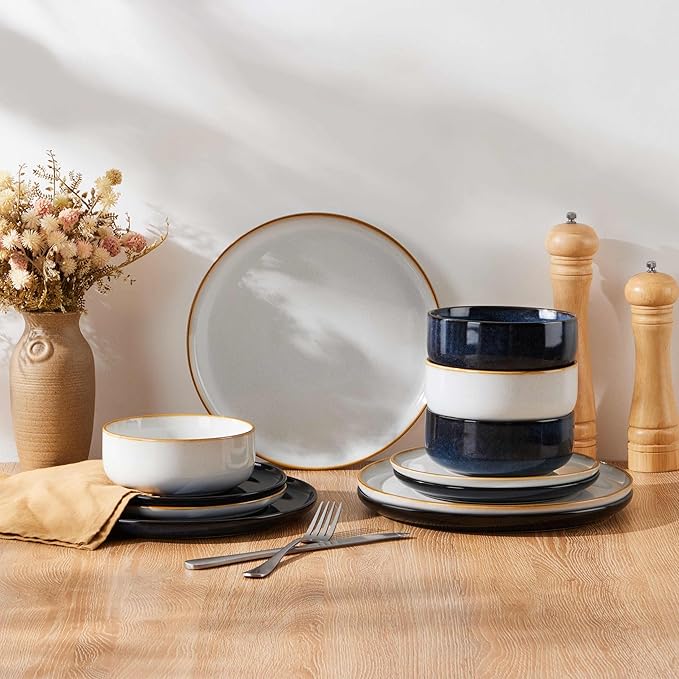 Herogo 12-Piece Stoneware Dinnerware Set for 4, Dinner Plates and Bowls Sets, Double Reactive Glaze Dishware Place Setting for Kitchen, Scratch Resistant, Microwave Safe, Ivory White & Starry Blue
