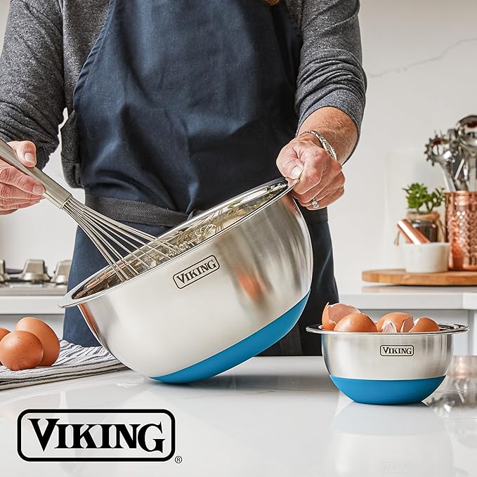 Viking Mixing Bowls Set, 10 Piece Stainless Steel Kitchen Cookware, Non-Slip Silicone Base, Includes Tight Fit Lids, Dishwasher Safe, Teal