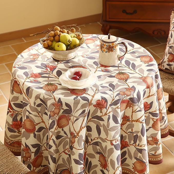 patdrea Designer Brown Tablecloth for Round Tables,Framhouse Linen Pomegranates and Leaves Tree Linen Tablecloth,Fall Fruits Table Cover Cloth Decor for Kitchen Dining Christmas,Diameter 55"