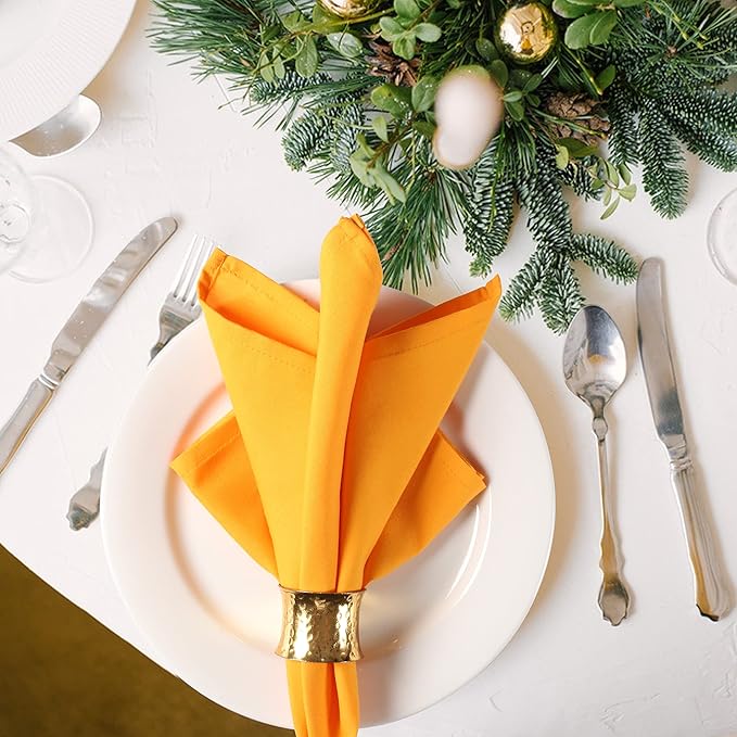 Ramanta Home Set of 12 Polyester Cloth Napkins 20x20 Inches - Hemstitched Washable Dinner Napkins for Weddings, Thanksgiving, Hotel - Soft Yellow Table Linen for Parties or Everyday Use - Mustard
