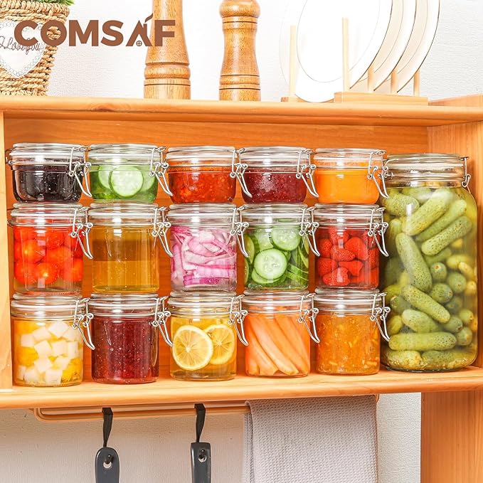ComSaf 8oz Small Airtight Glass Jars Set of 6 with Lid Food Storage Jar Round, Mini Storage Container with Clear Preserving Seal Wire Clip Fastening for Kitchen Canning, Jam, Spice, Honey, Mason Jars