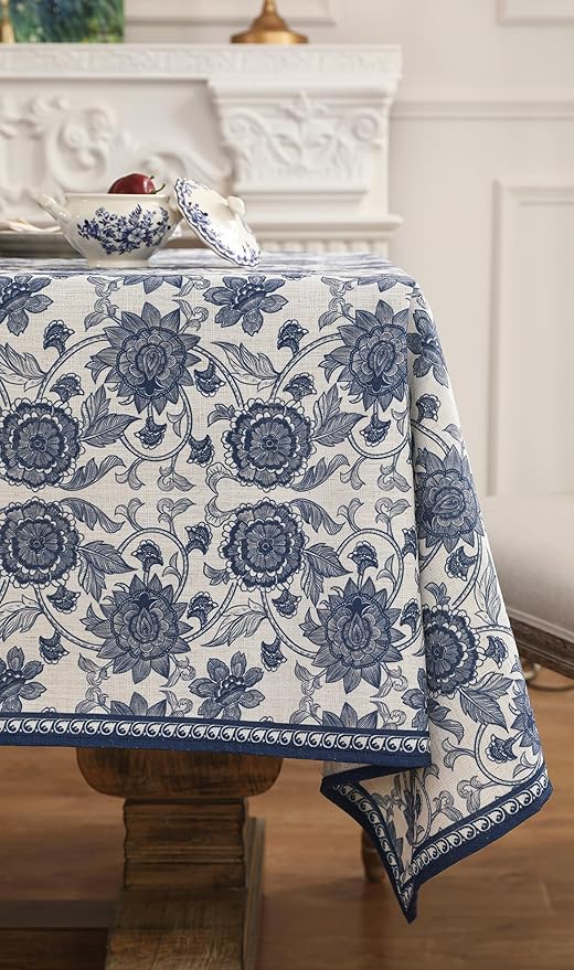 patdrea Designer Blue Tablecloth for Rectangle Tables,Vintage Elegant Linen with Paisley Floral Pattern Tablecloths,Farmhouse Flowers Table Cover Cloth Decor for Kitchen Dining Christmas,55"*71"