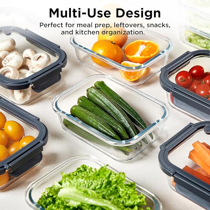 Glass Food Storage Containers with Lids, 10 Pack of 21oz, Glass Meal Prep Container with Airtight Lids, Microwave Safe Food Container Set, BPA Free, LeakProof, Ideal for Lunch