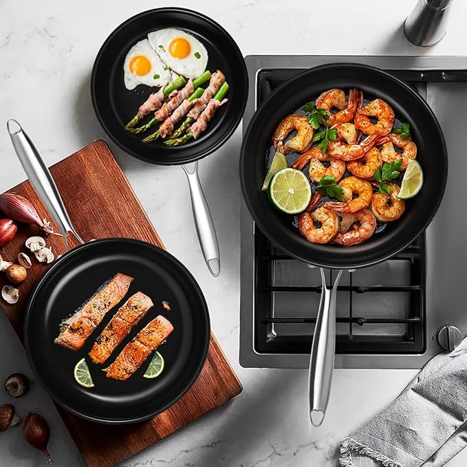 Stainless Steel Frying Pan Set with Lids, 6 Pieces Titanium Ceramic Frying Pans Nonstick W/Lid, Non Stick Egg Omelet Cooking Pan Set with Stay-Cool Handle, Induction Compatible, PFAS&PFTE Free