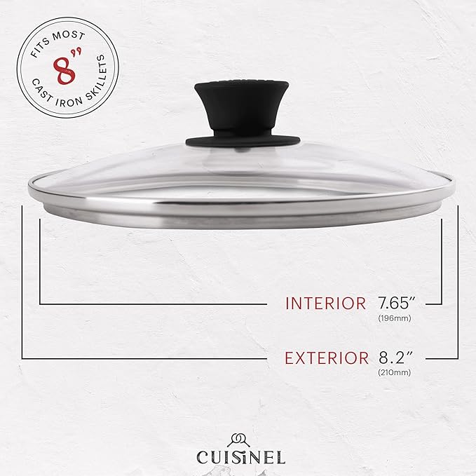 Cuisinel Cast Iron Skillet with Lid - 8"-Inch Frying Pan + Glass Cover + Silicone Grip Handle Holder - Pre-Seasoned Cookware - Indoor/Outdoor, Grill, Stovetop, Camping Fire, Induction Oven Use