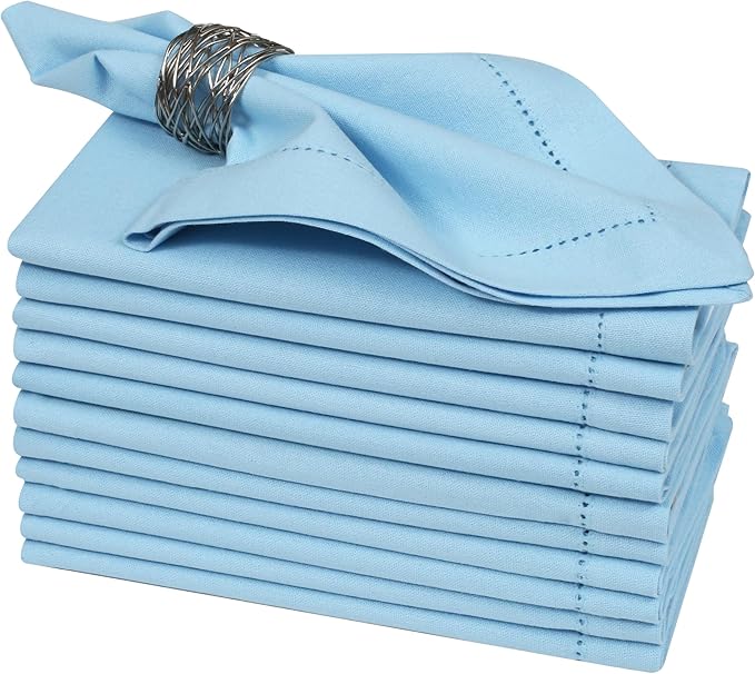 Bedding Craft Cloth Dinner Napkins Set of 12 – 18x18 Airy Blue Linen-Look Hemstitched – Soft Machine Washable Reusable Napkins for Weddings, Parties & Elegant Table Settings