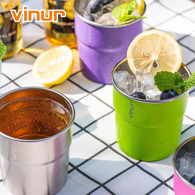 VINUR Kids Stainless Steel Cups-8 oz Stackable Tumbler Metal Drinking Glasses for Travel, Camping, Outdoors, 4 Pack (Royal Blue-Canyon Red-Black-Purple Pink)