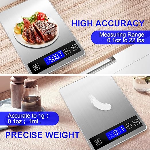 22lb Food Scale, Digital Kitchen Scale Weight Grams and oz for Weight Loss Cooking Baking, 1g/0.1oz Precision, Rechargeable and Waterproof, Stainless Steel and Tempered Glass, Gray Silver
