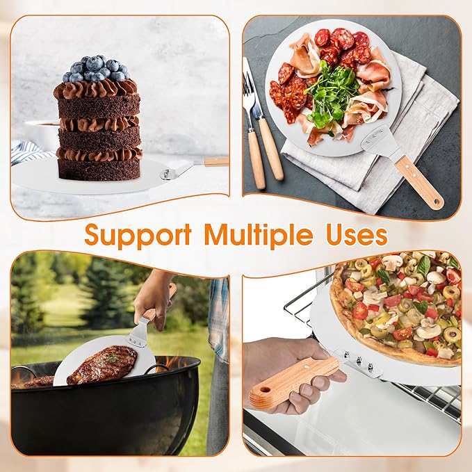 12 Inch Stainless Pizza Peel with Pizza Cutter, Pizza Spatula with Ergonomic Long Wood Handle for Pizza Oven Baking, Turing Peel for Pizza, Dough, Bread Pastry