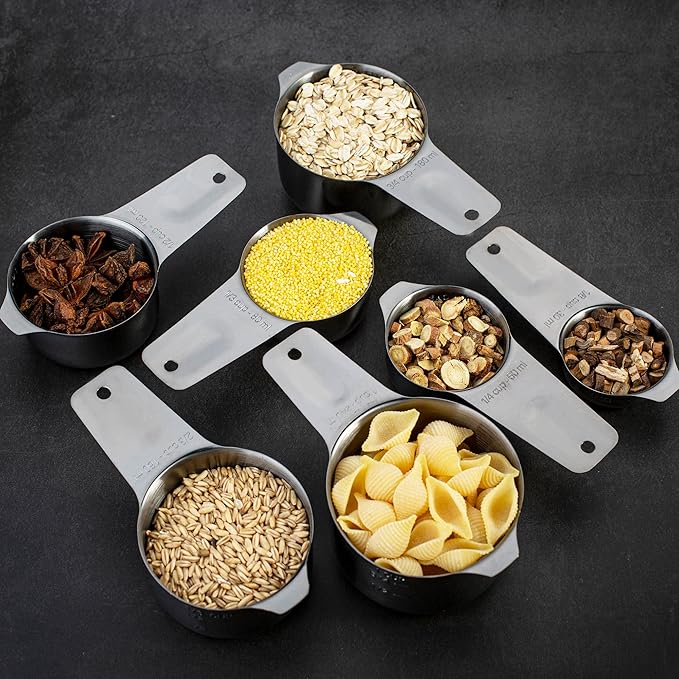 Set of 7 Heavy Duty Measuring Cups, 18/8 Stainless Steel with Ring Connector, Dark Grey