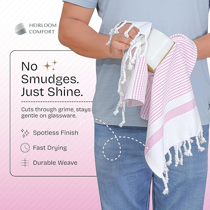 Pink Turkish Kitchen Towels 16x26 Inch, 5 Pack, 100% Cotton, Ultra Absorbent, Soft, Fast Dry, Machine Washable, Dish Towel with Tassels for Drying Dishes, Cleaning, Everyday Use