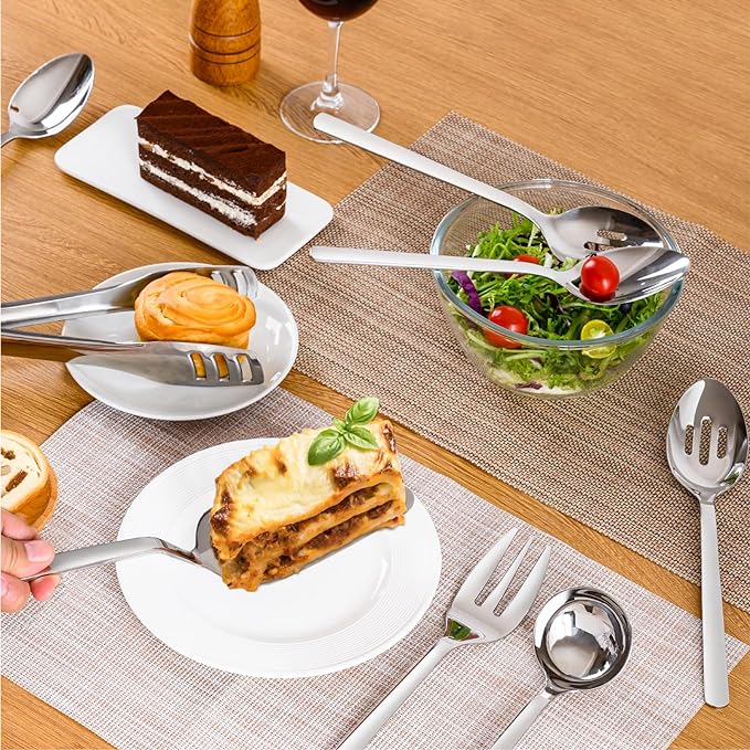 KINGSTONE Large Hostess Serving Utensils Set, 18/10 Stainless Steel Heavy Duty 10-inch Serving Utensils, Slotted Spoons, Forks, Tongs, Cake Pie Server for Buffet, Wedding, Party