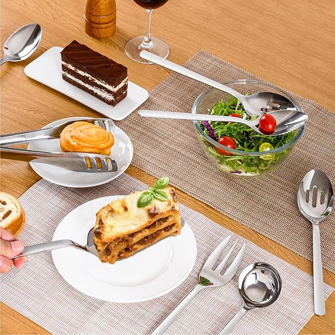 KINGSTONE Large Hostess Serving Utensils Set,18/10 Stainless Steel Heavy Duty 10inch Serving Spoons,Slotted Spoons,Serving Fork,Serving Tongs, Cake Pie Server For Buffet, Wedding, Party