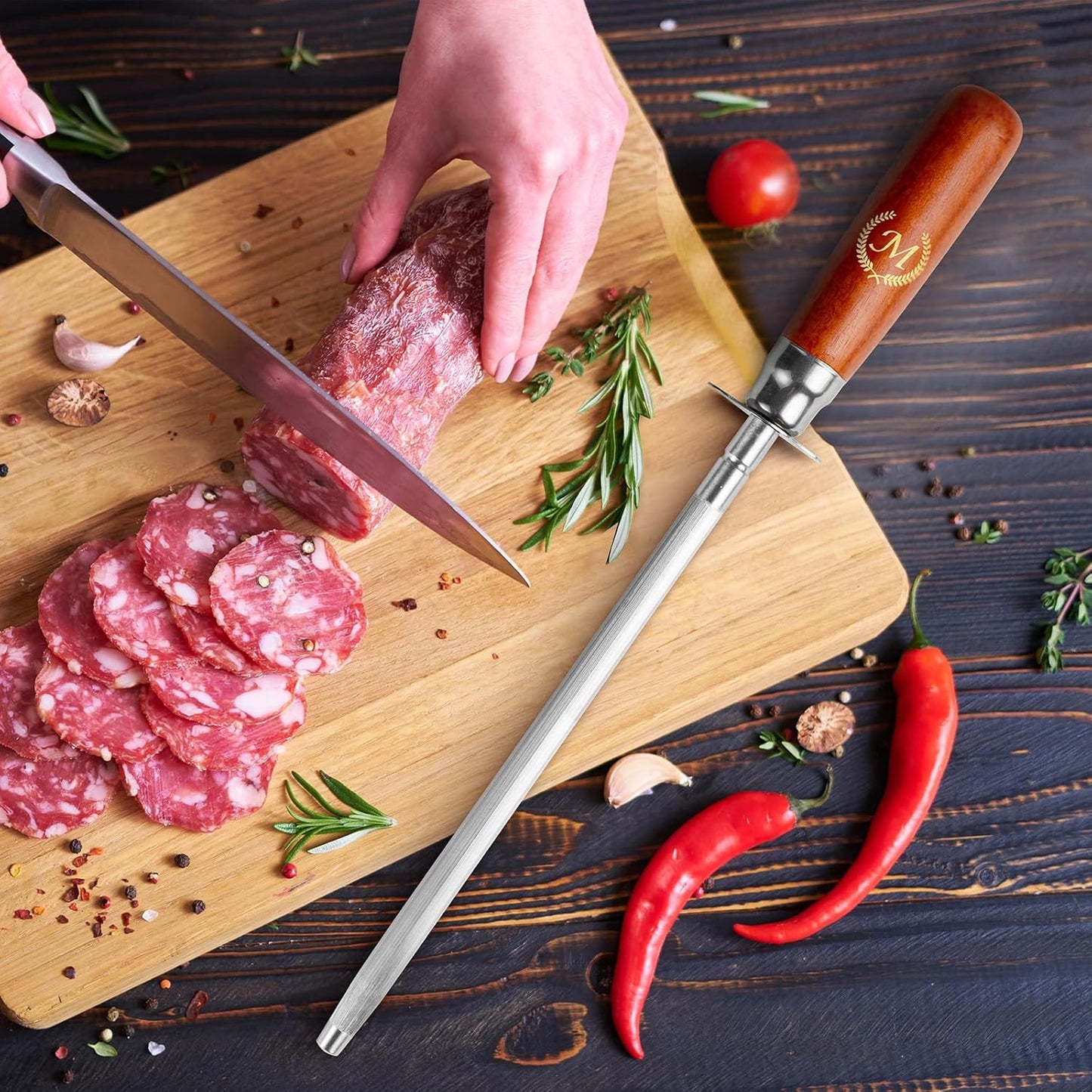 Knife Sharpener Rod, Kitchen Knives Sharpener Carbon Steel Professional Knife Sharpening Steel, Honing Rod with Hanging Holes (13 inches), M