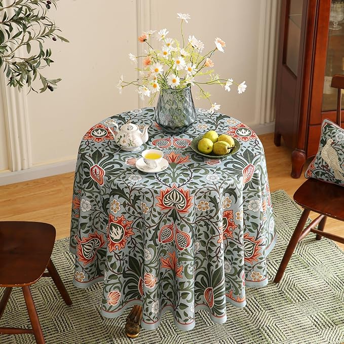 French Tablecloth for Round Tables,Linen Table Cloth with Colorful Flowers Pattern,Heavy Durable Table Cover for Dining Thanksgiving Kitchen Decor Party Christmas,Diameter 55"