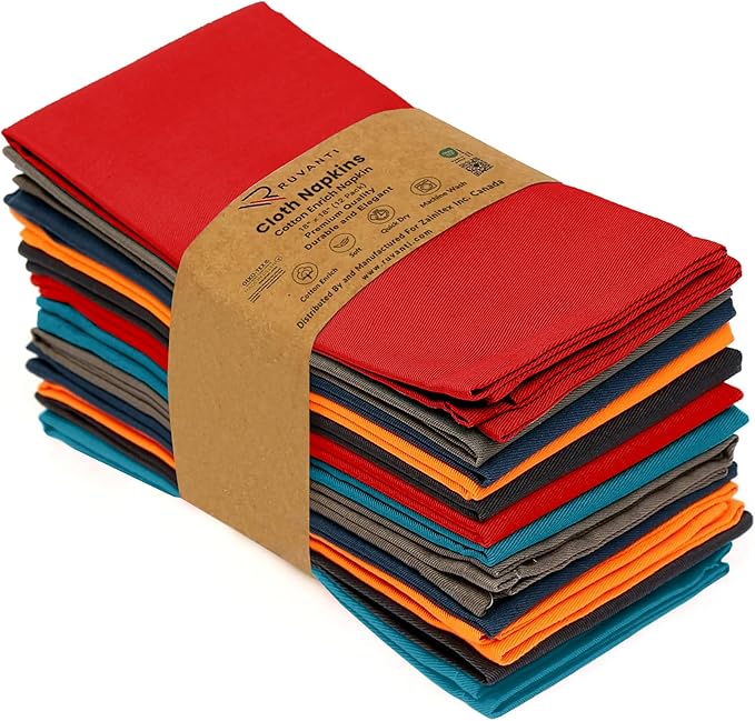 Ruvanti Cloth Napkins Set of 12, 18x18 Inches Napkins Cloth Washable, Soft, Durable, Absorbent, Cotton Blend. Table Dinner Napkins Cloth for Hotel, Christmas, Dinner, Parties - Multi Color