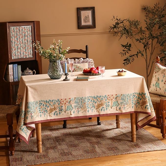 patdrea Designer Beige Tablecloth for Square Tables,Vintage Elegant French Linen with Trees and Kids Pattern Table Cloth,Farmhouse Table Cover Cloth Decor for Kitchen Dining Christmas,67"*67"