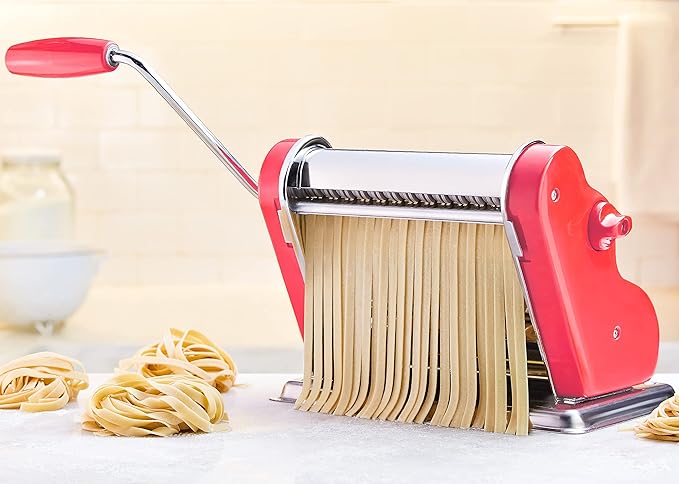 PASTALINDAClassic 200 Pasta Maker Machine, 20 cm Wide Rollers, 9 Thickness Positions, 2 Cutting Positions, Stainless Steel. Includes Reinforced Hand Crank And Two Clamps (Coral)