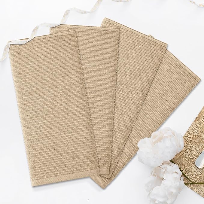Homaxy Premium Kitchen Towels (18"x 28", 6 Pack), Large 100% Cotton Kitchen Hand Towels, Ultra Absorbent Ribbed Terry Tea Towels Set with Hanging Loop, Khaki