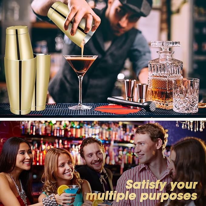 Lallisa 10 Pieces Cocktail Shakers Professional Bar Boston Shaker Set Stainless Steel Martini Shaker Drink Mixer Basic Tools Weighted Shake Metal Can for Bartenders, 18 Oz, 28 oz(Gold)