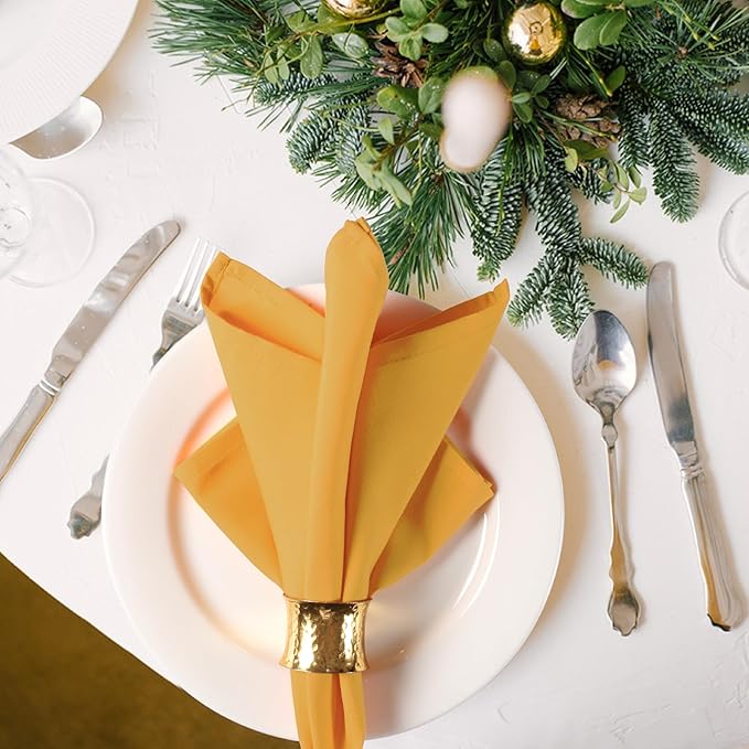 Ramanta Home Set of 12 Polyester Cloth Napkins 18x18 Inches - Washable Dinner Napkins with Hemmed Edges for Weddings, Thanksgiving, Hotel - Durable Table Linen for Parties or Everyday Use - Mustard