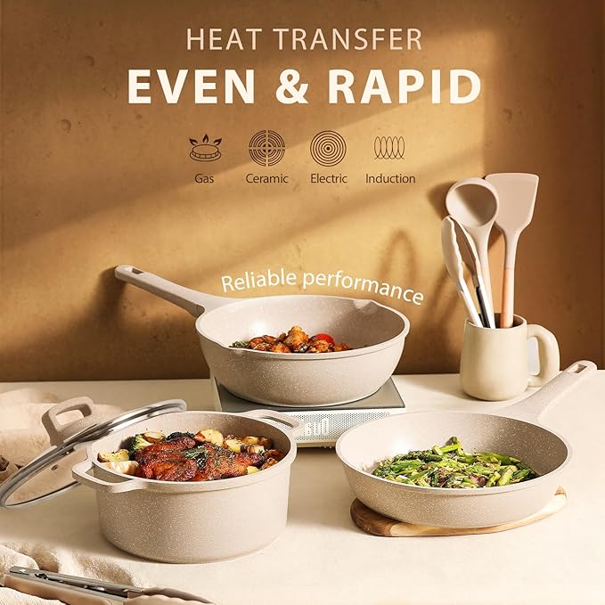 CAROTE Pots and Pans Set Non Stick, 16Pcs Kitchen Cookware Set, Stackable Induction Cookware, Pot and Pan set, Pans for Cooking, Taupe Granite,Pots and Pans Set Non Stick,