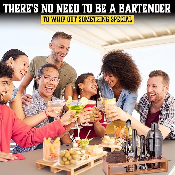 Bartender Kit with Whiskey Smoker - 13 pcs, Bamboo Stand - Bar Set with Cocktail Shaker, Bartending Kit with Essential Bar Accessory Tools, Wood Chips, Black