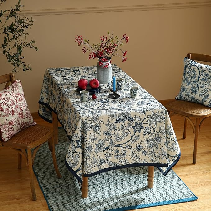 French Floral Tablecloth for Square Tables,Linen Table Cloth with Blue Flowers Pattern,Heavy Durable Table Cover for Dining Kitchen Decor Party Banquet Christmas,67"*67"