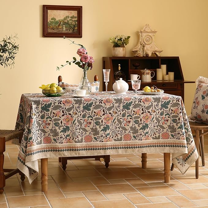 Floral Tablecloth for Rectangular Tables,Linen Table Cloth with Gray-Green Tone and Silver Lotus Pattern,Heavy Durable Table Cover for Dining Thanksgiving Kitchen Party Christmas,55"*87"