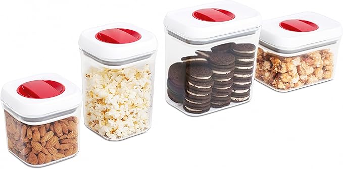 INTERNET'S BEST Spin Lock Airtight Kitchen Canisters - Food Storage Containers with Twist Lock for Sugar, Flour, Pasta, Nuts - Stackable Design - 2 Rectangular & 2 Square Clear Plastic Bins - Set of 4