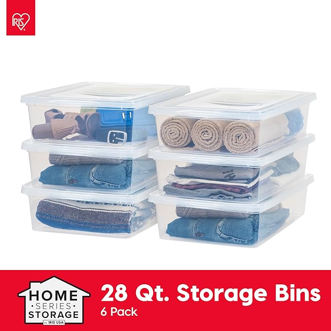 IRIS USA 6-Pack Storage Bins with Lids, 28 Quart, Clear Stackable Containers Box Organize Shoes Closet Shelves Clothes Blankets Towels - BPA-Free Plastic
