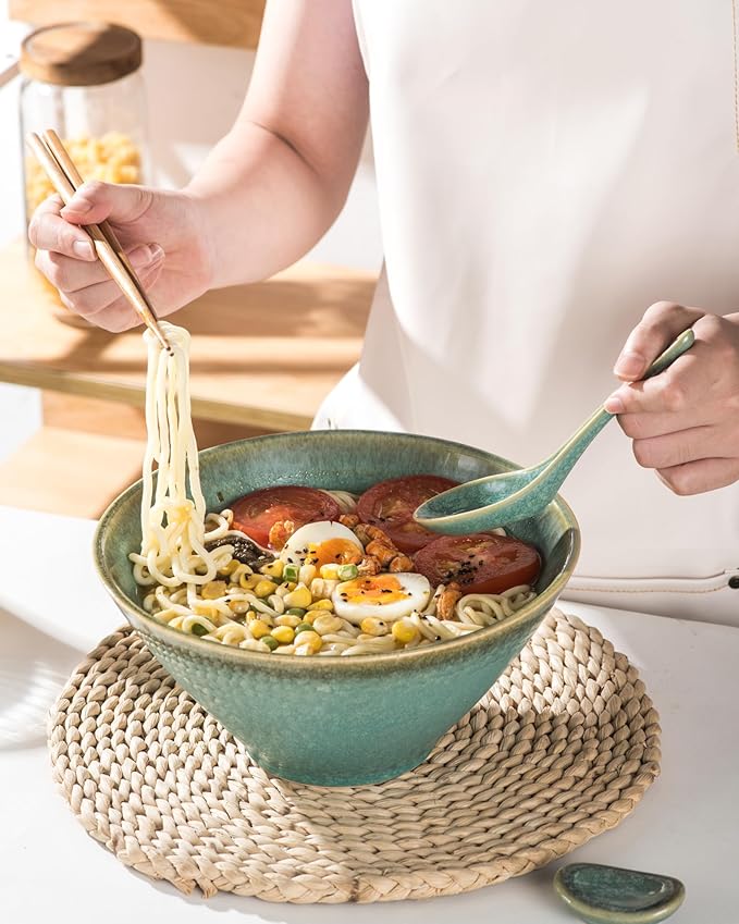 Large Salad Soup Ramen Serving Bowls, 71 OZ Ceramic Japanese Ramen Noodle Bowls with Chopsticks, Spoons and Rests - Super Big Bowl Sets for Udon, Pho, Pasta, Cereal, Set of 2 - Reactive Green