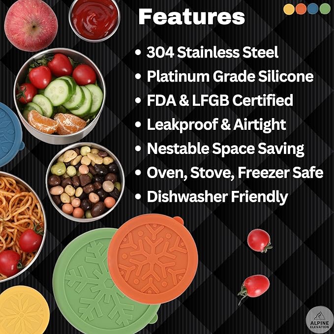 8 Pcs - 4 Stainless Steel Containers + 4 Silicone Lids | 304 Stainless Steel Snack Container | Nesting Snack and Dip Containers | Metal Food Storage