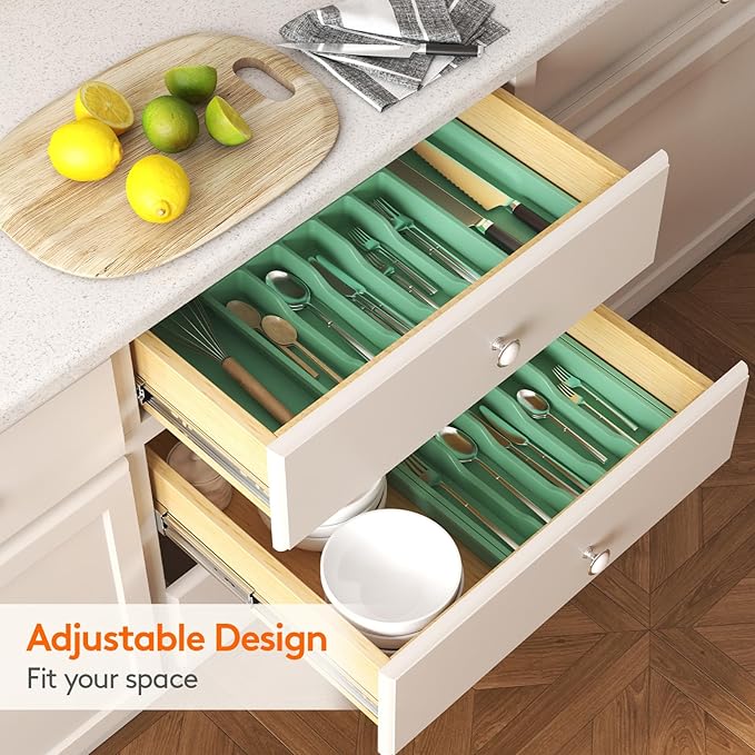 Lifewit Silverware Drawer Organizer, Expandable Utensil Tray for Kitchen, BPA Free Flatware and Cutlery Holder, Adjustable Plastic Storage for Spoons Forks Knives, Large, Green